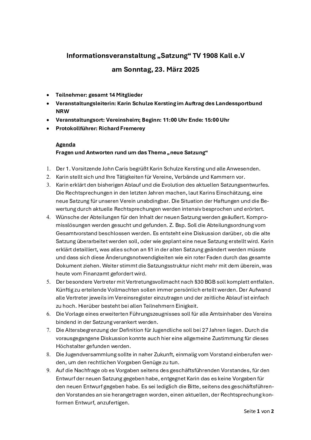 Informationsveranstaltung zum Thema Satzung